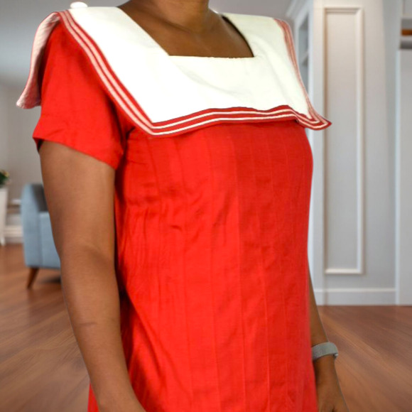 Vintage Sailor Collar Maxi Dress Red Nautical Rayon Column Pleated Retro Medium - Picture 4 of 14